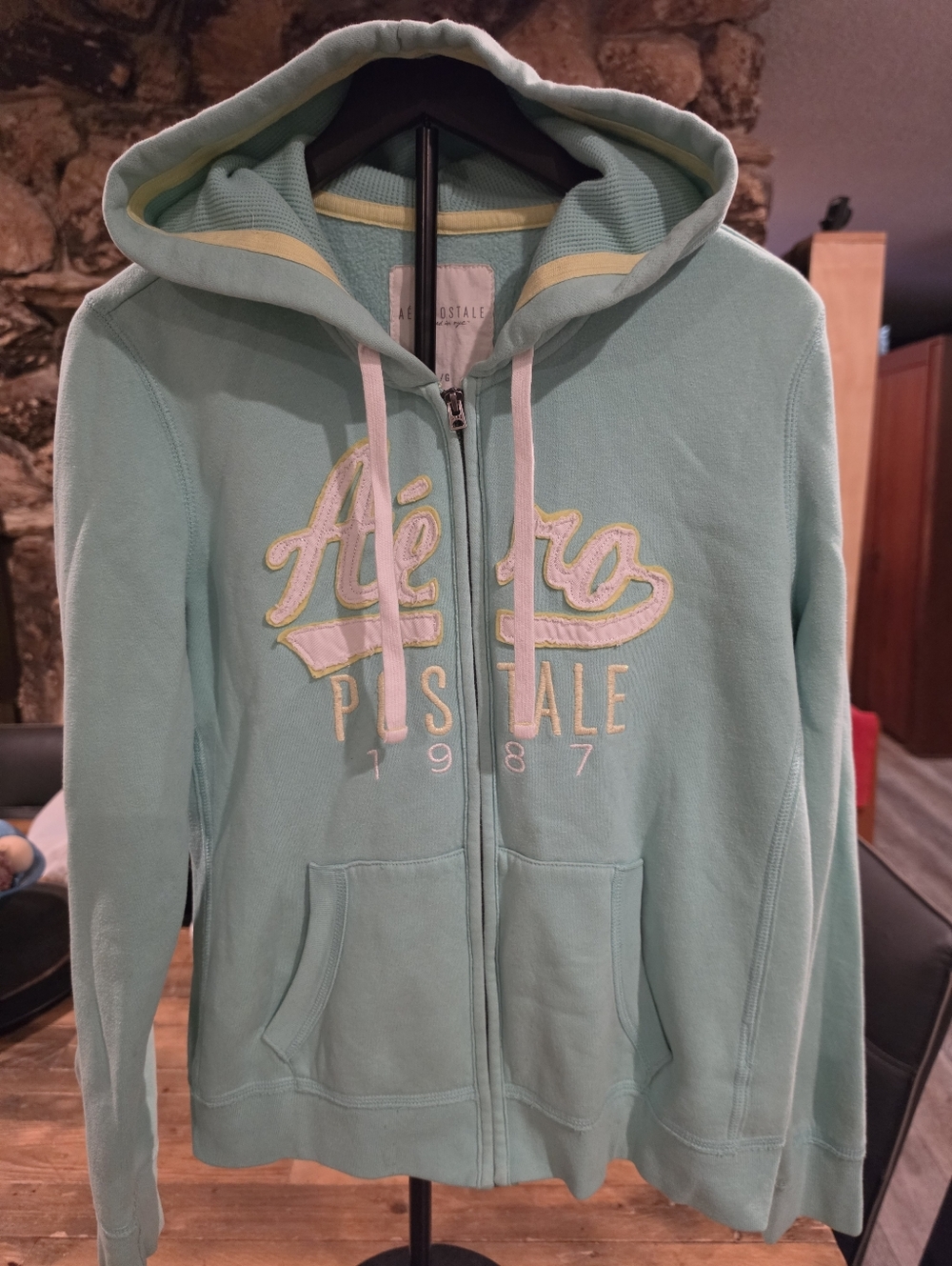 Aéropostale Zip Hoodie Mint Green Logo Sweatshirt L Cozy Casual